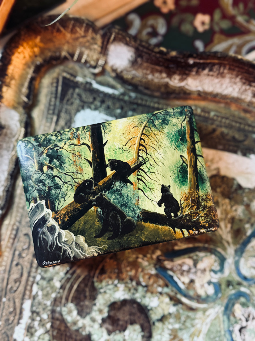 Morning in the Woods with Bears Russian Trinket Box